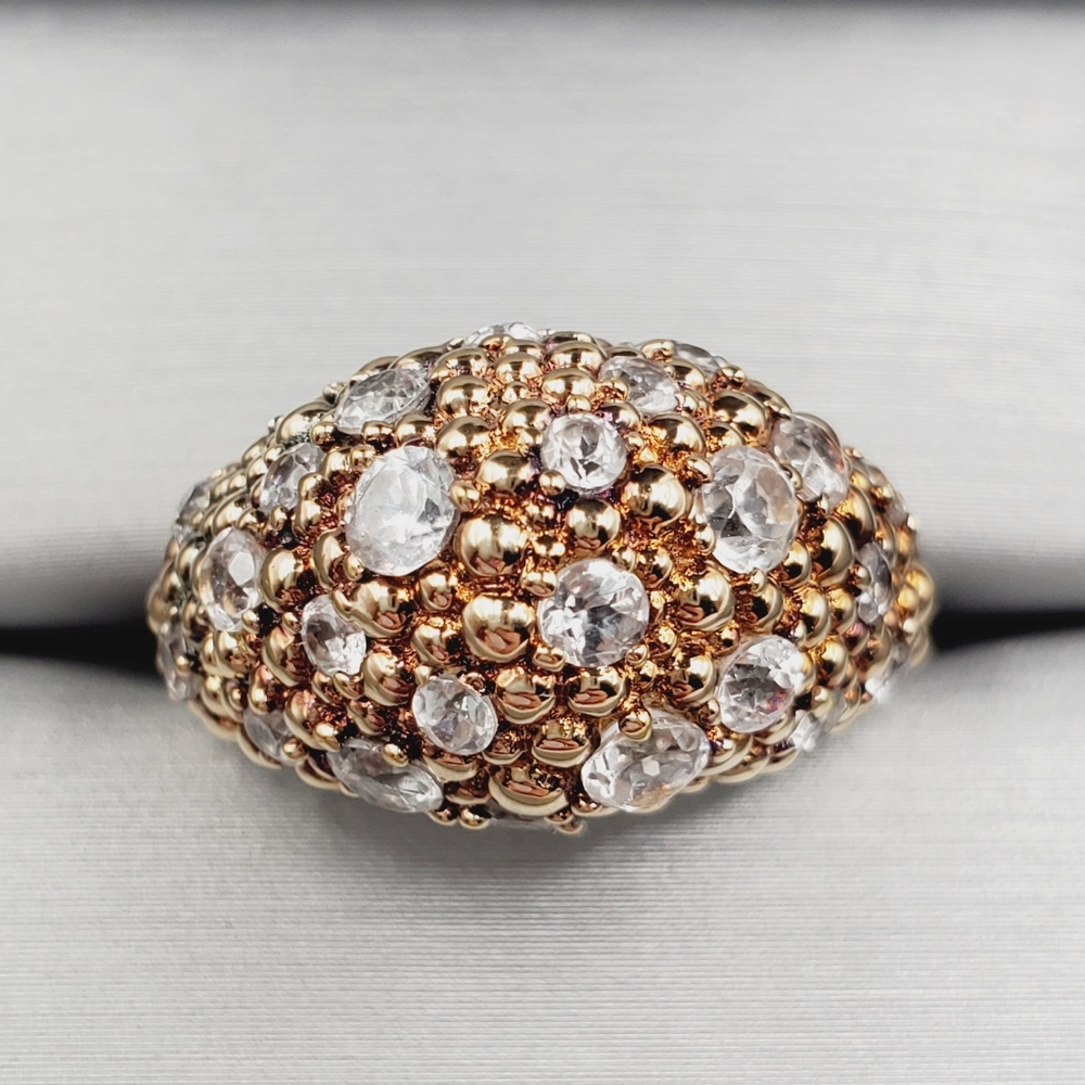Genuine Round White Topaz 925 Sterling Silver - Gold Bubble Dome Flower Ring